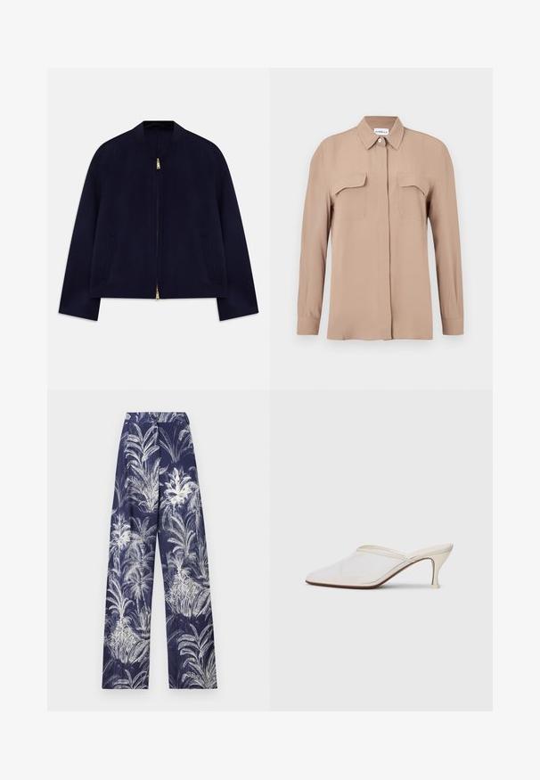 Navy blue bomber jacket with a round collar, full zip closure, two side pockets, and gold hardware accents. Smooth, lightweight fabric.; Beige long-sleeve button-up shirt in a lightweight fabric. Features two chest pockets and a classic collar, with a straight cut and minimal design.; Navy wide-leg trousers featuring a white palm leaf print, structured waistband, and soft texture. Detailed with textured accents throughout.; White mesh pointed-toe mule with a slim mid-height heel and slip-on design against a plain background.