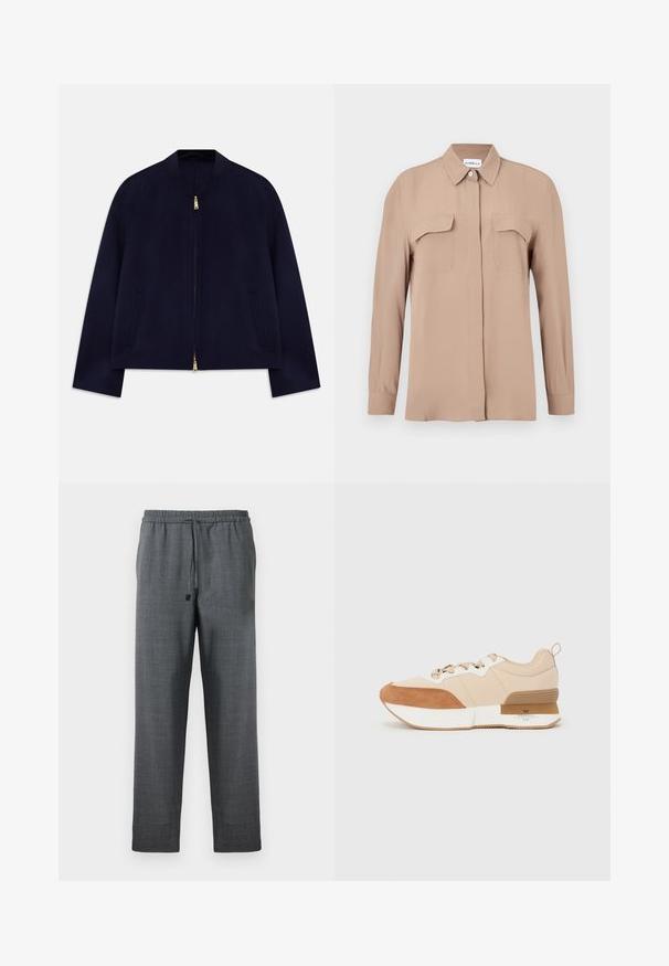 Granatowa kurtka bomberka z okrągłym kołnierzem, pełnym zapięciem na zamek, dwiema bocznymi kieszeniami i złotymi akcentami. Gładki, lekki materiał.; Beżowa koszula na długi rękaw na guziki, wykonana z lekkiego materiału. Posiada dwie kieszenie na piersi oraz klasyczny kołnierz, z prostym krojem i minimalistycznym designem.; Ciemnoszare spodnie z teksturowanej tkaniny, z elastycznym paskiem w talii i regulowanym sznurkiem. Prosta nogawka bez kieszeni.; Sneaker z beżowym materiałowym wierzchem ozdobionym brązowymi zamszowymi akcentami, białą podeszwą środkową oraz gumową podeszwą z detalem marki.