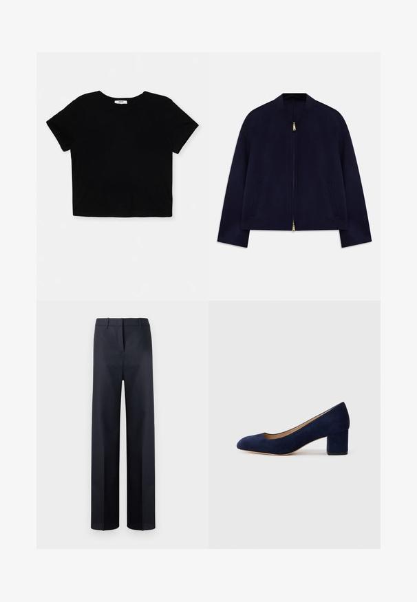 Temno modra bomberska jakna z okroglim ovratnikom, zadrgo po celotni dolžini, dvema stranskima žepoma in zlatim okrasnim kovinskim dodatkom. Gladek, lahkoten material.; Črn skrajšan majica iz mehkega bombaža, ima kratke rokave, okroglo ovratnik in čist rob brez okrasnih elementov.; Nautično modri, krojeni hlače iz tkanine. Imajo raven sprednji del, ravne nogavice in standardni pas z zankami za pas.; Temno modri nubuk čevlji s koničastim nosom in srednje visokim blokom. Gladka tekstura z diskretnim sijajem in majhnim izrezom spredaj.