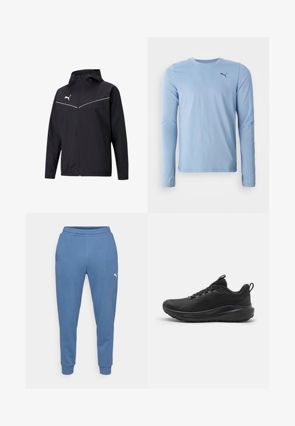 Zwarte lichte jas met capuchon, ritssluiting, reflecterende witte accenten en een logo op de linkerborst; gladde textuur.; Lichtblauw langemouwen shirt gemaakt van zachte, rekbare stof. Heeft een ronde halslijn en een klein donker logo op de linkerborst.; Blauwe joggingbroek van zacht materiaal, met een elastische tailleband en taps toelopende pijpen, voorzien van een klein wit logo op de linkerdij.; Zwarte sportschoenen met een gestructureerde mesh bovenkant, een gewatteerde kraag, veters en een rubberen zool. Heeft een slank ontwerp en een stevige constructie.