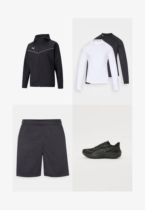 Zwarte lichte jas met capuchon, ritssluiting, reflecterende witte accenten en een logo op de linkerborst; gladde textuur.; Twee tops met lange mouwen, één wit en één zwart, gemaakt van glad, rekbaar materiaal met een aansluitend ontwerp en een ronde halslijn.; Zwarte sportshorts van soepel, lichtgewicht stof. Voorzien van een elastische tailleband en gestikte zoom zonder zichtbare zakken of patronen.; Zwarte sportieve schoen met een gestructureerde mesh bovenkant, platte veters en een gevoerde zool met subtiele reflecterende accenten.