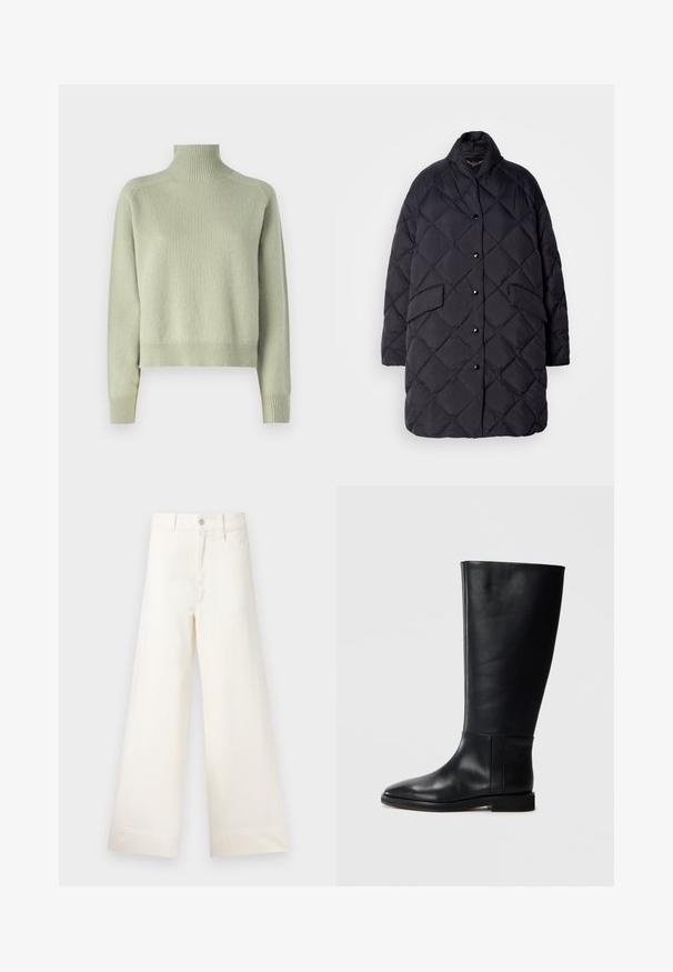 Melnā kviltotā pufētā mētelis ar augstu apkakli, priekšpuses pogu aizdari un sānu kabatām. Iezīmējas ar dimanta rakstu un teksturētu audumu.; DRYKORN LYZIMA - Džemperis - green; Platākas kāju bikses gaiši pelēkā kokvilnā. Iespējams augsts jostasvieta, priekšējās kabatas un taisna griezuma. Tīrs apakšmalas apdare bez rakstiem.; Melnas ādas līdzceļgala zābaki ar noapaļotu pirkstu, gludu tekstūru, minimālistisku dizainu un plakanu zoli. Vienkāršas šuvju detaļas uz zābaku augšdaļas.