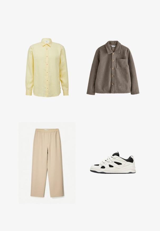 Kurtka z sztucznego futra w stonowanym brązowym kolorze, z kołnierzem, zapinana na guziki, z jedną kieszenią na piersi o teksturowanym wykończeniu.; Koszula z długim rękawem w kolorze żółtym, wykonana z lnu, z zapinaniem na guziki z przodu, spiczastym kołnierzykiem i jasnobrązowymi guzikami. Charakteryzuje się gładką fakturą i luźnym krojem.; Beżowe spodnie szerokie z elastycznym paskiem, wykonane z miękkiego materiału, o gładkiej fakturze i minimalnych detalach szwów.; Białe i czarne buty sportowe z teksturowaną podeszwą, z wyciętymi wzorami po bokach oraz sznurowadłami, a także wyściełanym tyłem dla wsparcia.