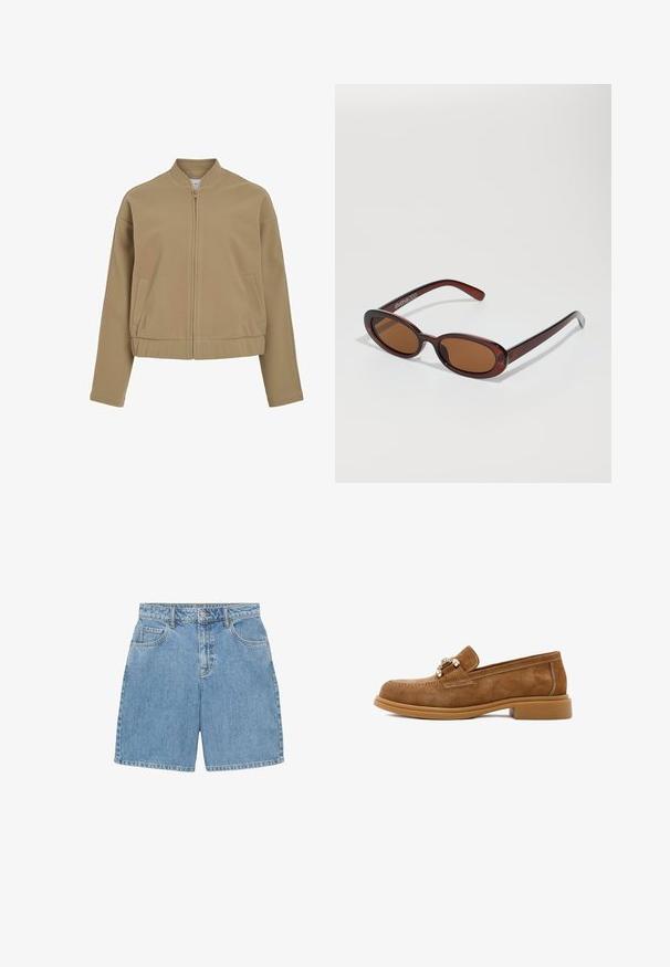 Giacca beige con zip, colletto rotondo, spalle scese e tasche laterali. Realizzata in un tessuto morbido e liscio con una vestibilità strutturata.; Camicetta azzurra chiara a maniche corte realizzata in tessuto morbido, con chiusura a bottoni sul davanti e colletto classico. Texture liscia e vestibilità rilassata.; Shorts in denim azzurro chiaro, con vita alta, quattro tasche e cuciture visibili. Realizzati in tessuto denim testurizzato.; Mocassini in suede marrone con tacco basso in gomma, caratterizzati da hardware metallici decorativi e cuciture a contrasto lungo la tomaia.; Occhiali da sole rotondi con tonalità marrone, montatura lucida color bordeaux. Aste sottili con un sottile dettaglio del marchio. Design delle lenti piatte.; Call it Spring SAWYERR - Borsa a mano - tan