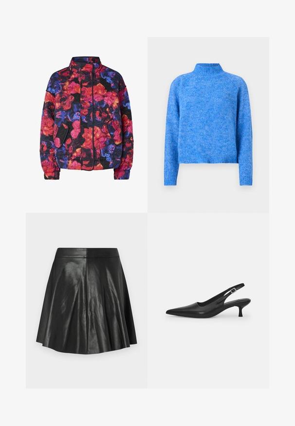 Quiltet jakke med høy krage, sidelommer og blomsterdesign i rødt, oransje, blått, lilla og svart.; Lyseblå strikket polo genser med en litt kortere passform, raglanermer og en myk, strukturert overflate. Stoffet har et melert utseende.; Svart flared kunstskinnskjørt med panelsting og en tettsittende linning mot en lys, ensfarget bakgrunn.; Svart lær slingback sko med spiss tå og smal, buet hæl. Har en diskret justerbar rem med en metallspenne.