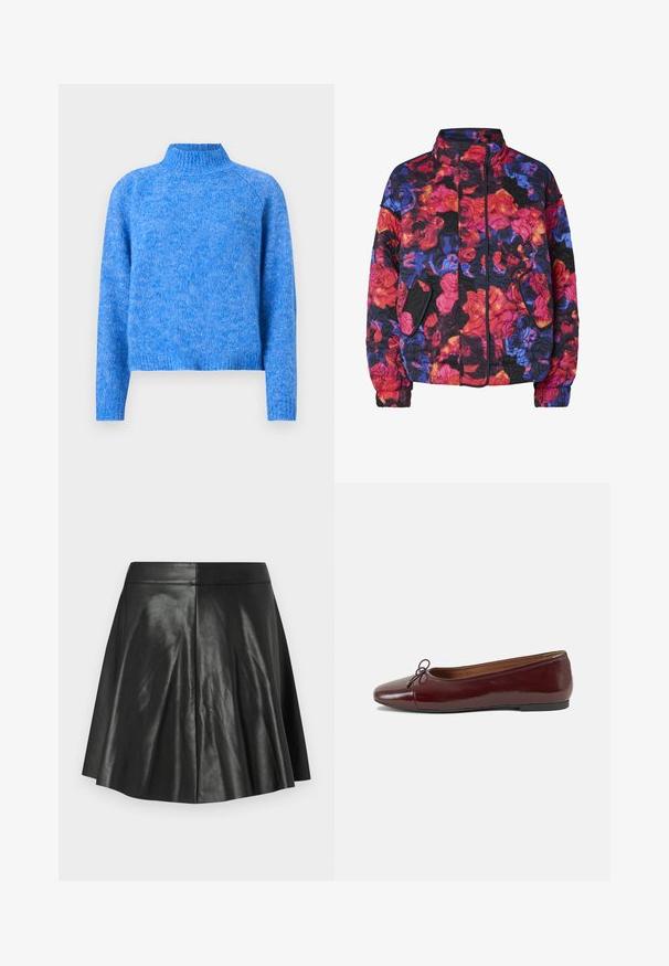 Gequilted jas met hoge kraag, zijzakken en een bloemenpatroon in rood, oranje, blauw, paars en zwarte kleuren.; Lichtblauwe gebreide coltrui met een iets verkorte pasvorm, raglanmouwen en een zachte, gestructureerde afwerking. De stof heeft een gemêleerd uiterlijk.; Zwarte flared neplederen rok met paneelstiksels en een aansluitende tailleband op een effen lichte achtergrond.; Bordeaux gepatenteerd lederen ballerina met een ronde neus, een klein strikaccent aan de voorkant en een lage, zwarte rubberen zool. Glad textuur.