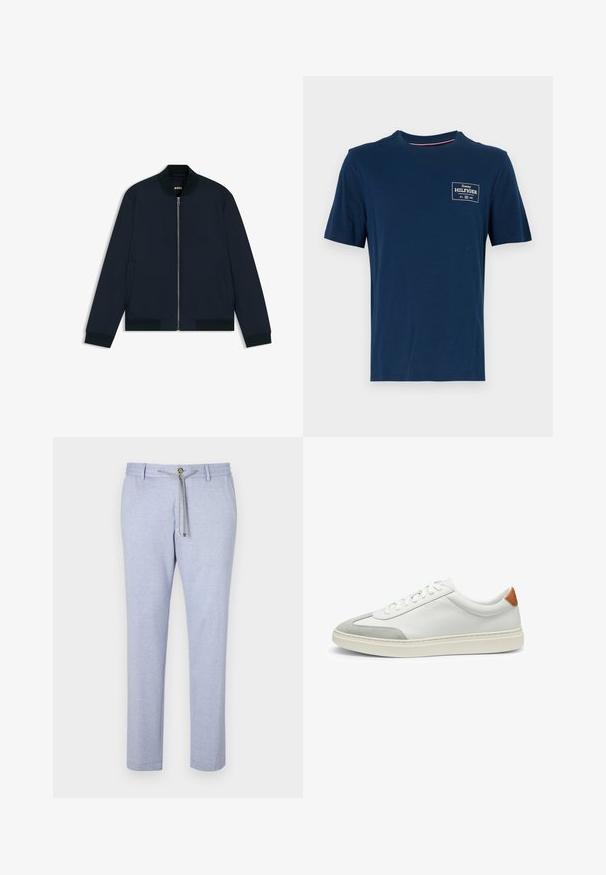 Marine bomberjack gemaakt van gladde stof, met een ritssluiting aan de voorkant, zijzakken, ribgebreide manchetten en een ronde halslijn.; Marineblauwe katoenen T-shirt met een ronde halslijn, korte mouwen en een kleine witte logoprint op de linkerkant van de borst. Vlotte textuur.; Lichtblauwe casual broek, gemaakt van zachte stof, met een trekkoordsluiting, knoopaccent en een taps toelopend ontwerp met een gladde textuur.; Witte leren sneakers met grijze suede accenten en een tan leren hieltab. Kenmerkt zich door een textuurovervlak en een lichtgewicht zool.