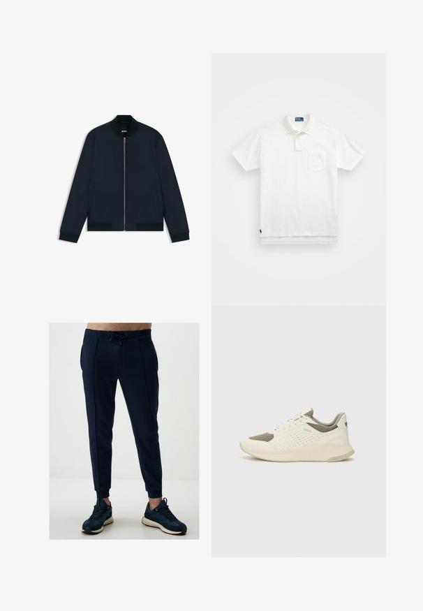 Marineblaue Bomberjacke aus glattem Material, mit einem Reißverschluss auf der Vorderseite, seitlichen Taschen, gerippten Bündchen und einem runden Halsausschnitt.; Weißes Poloshirt aus Baumwolle, mit klassischem Kragen, Drei-Knopf-Leiste und einer linken Brusttasche; kleines Logo am Saum.; Marineblaue Jogginghosen aus weichem Stoff, mit einem elastischen Bund und Kordelzug, seitlichen Taschen und schmal zulaufenden Bündchen. Getragen mit Sportschuhen.; Weiße und hellbeige Sport Sneakers, ausgestattet mit einem Obermaterial aus Netzgewebe, perforierten Details und einer strukturierten Zwischensohle mit Branding an der Ferse.