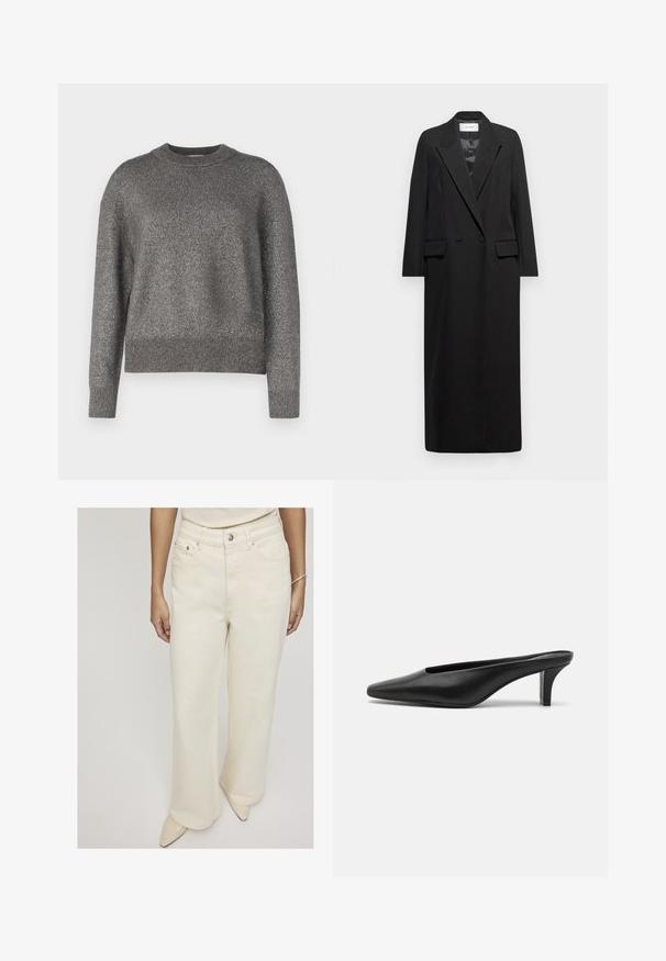 Must tume pehmeast kangast, millel on sisenenud krae, kahekordne eest sulgemine ja kaks esimest taskut klapiga. Lihtne, kohandatud disain.; Hallikas sviiter, millel on peegeldav kudumistekstsuur, ümar kaelus ning soonikkoes varrukad ja äär; veidi laiem istuvus ja pikad varrukad.; Kreemikas värviga laiadjeansid, mis on valmistatud denimist, koos kõrge vöökoha, ees olevate taskute ja ühe nööbiga kinnitusega, et tagada mugav istuvus.; Mustadast mustad nahast teravatipulised mules madala stilletokontsaga. Sile tekstuur, minimalistlik disain ja avatud selg mugavaks selga panemiseks.