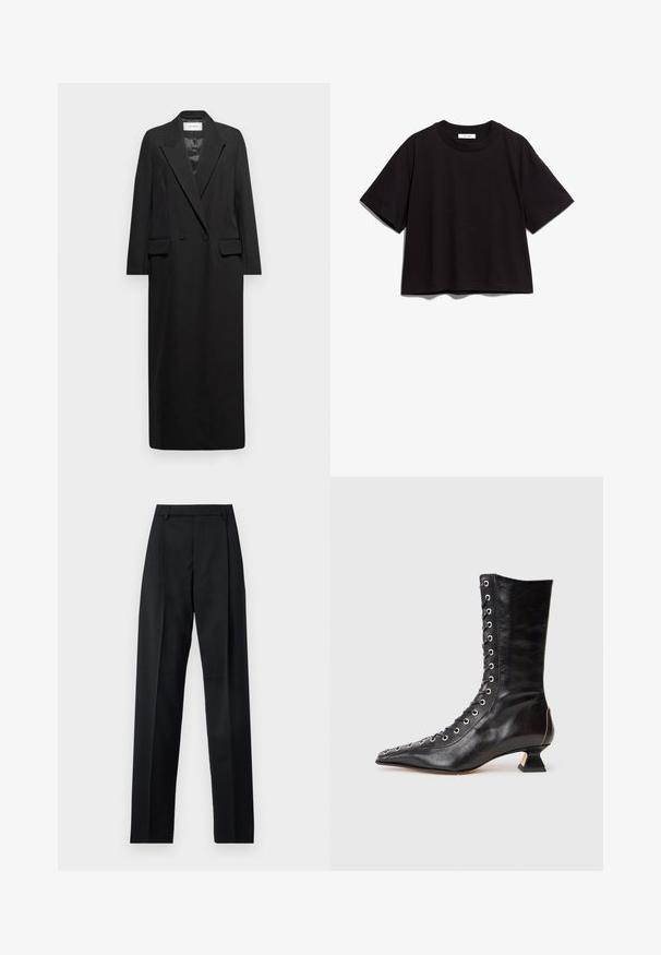 Blazer long noir en tissu lisse, avec un col cranté, une fermeture double boutonnage à l'avant et deux poches à rabat à l'avant. Design simple et ajusté.; T-shirt en coton noir avec un col rond et des manches courtes. Présente une coupe décontractée et un design simple, sans embellissement.; Pantalon noir en tissu lisse avec taille haute, jambes larges, plis à l'avant et passants de ceinture classiques. Pas de poches latérales visibles.; Bottine noire en cuir avec un bout pointu, laçage à l'avant, œillets en métal, petit talon block et un design épuré. Texture lisse, silhouette moderne.