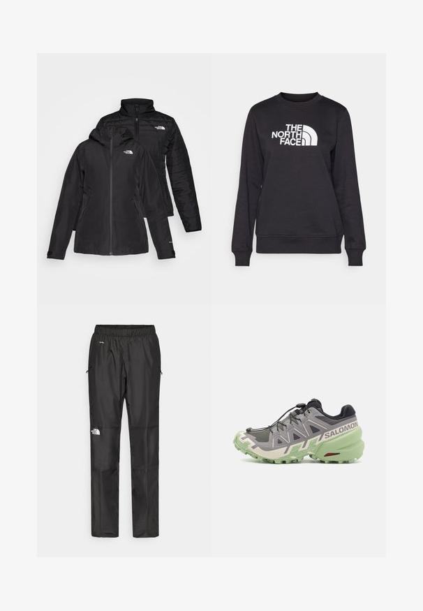 Black two-in-one jacket featuring a waterproof outer layer with a hood and a quilted inner layer. Both layers have zip closures and logos.; Black sweatshirt with a crew neck, long sleeves, ribbed cuffs, and a white "The North Face" logo centered on the front. Smooth texture.; Black waterproof pants made from lightweight fabric, featuring an elastic waistband, side pockets, and a logo on the left leg.; Gray trail running shoe with a textured mesh upper, green rubber sole, and distinctive design elements including a quick-lacing system and logo.