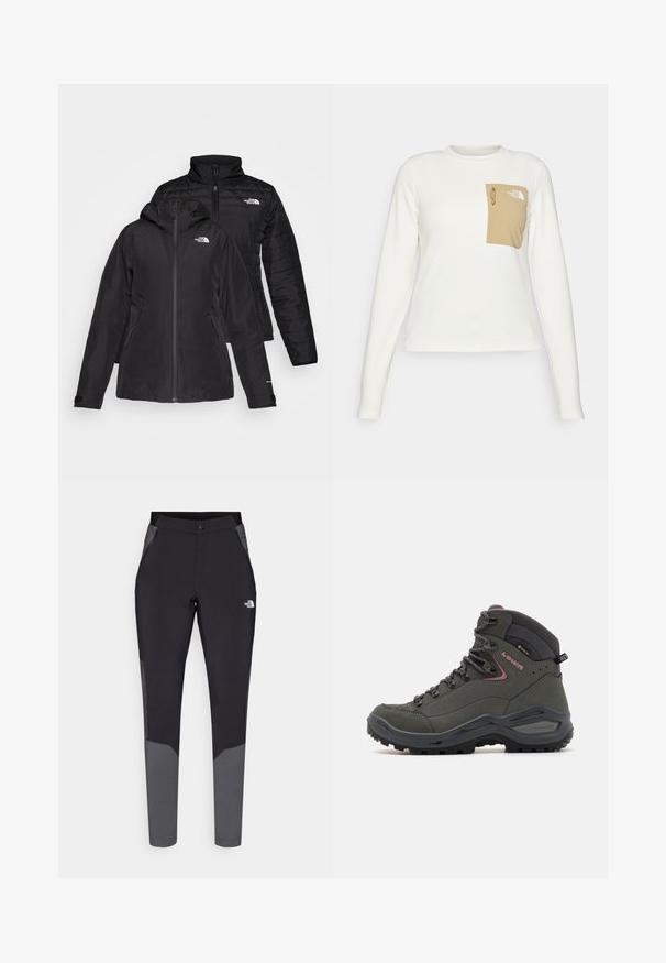Musta kaksiosainen takki, jossa on vedenpitävä ulkokerros hupun kanssa ja käsitelty sisäkerros. Molemmissa kerroksissa on vetoketju ja logot.; Valkoinen pitkähiha shirt, joka on valmistettu teksturoidusta kankaasta, jossa on beige laukkutasku, jossa on naru ja logo.; Mustat ulkoiluhousut harmailla yksityiskohdilla, joissa on vartalonmyötäinen malli, joustava vyötärö, vetskarlaukut ja kestävä, kevyt materiaali.; Vihreä vaelluskengä, jossa on korkea nilkkamuotoilu, nahkaa ja synteettisiä materiaaleja, kuminen pohja ja metalliset reiät nauhoille. Minimalistiset yksityiskohdat.
