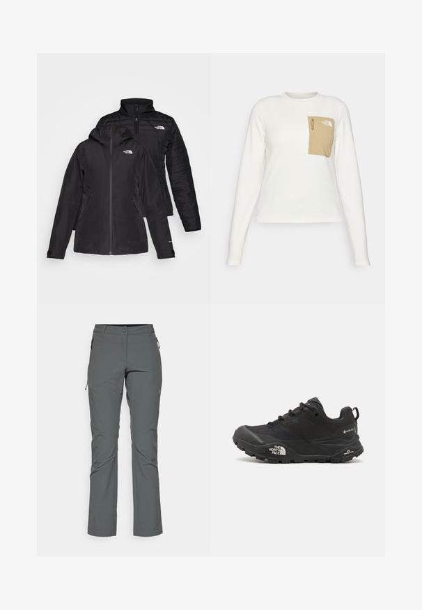 Musta kaksiosainen takki, jossa on vedenpitävä ulkokerros hupun kanssa ja käsitelty sisäkerros. Molemmissa kerroksissa on vetoketju ja logot.; Valkoinen pitkähiha shirt, joka on valmistettu teksturoidusta kankaasta, jossa on beige laukkutasku, jossa on naru ja logo.; Harmaat ulkoiluhousut, jotka on valmistettu kevyestä, teksturoidusta kankaasta; varustettu vetoketjullisilla taskuilla ja istuvalla muotoilulla, jossa on suora lahje.; Musta vaelluskengä, jossa on teksturoitu päällinen, nauhakiinnitys ja paksu kumipohja, jossa on näkyvä logo sivulla ja kavennuskuviointi.