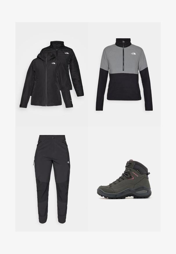 Musta kaksiosainen takki, jossa on vedenpitävä ulkokerros hupun kanssa ja käsitelty sisäkerros. Molemmissa kerroksissa on vetoketju ja logot.; Harmaa ja musta fleece-pullover, jossa on vetoketjusulku, korkea kaulus, yläosassa ruudukkomuotoilu ja sivutaskut.; Mustat ulkona käytettävät housut, jotka on valmistettu kestävästä kankaasta. Ominaisuuksiin kuuluvat vetoketjulliset taskut, vahvistetut polvilevyt ja suora leikkaus, joka mahdollistaa liikkuvuuden.; Vihreä vaelluskengä, jossa on korkea nilkkamuotoilu, nahkaa ja synteettisiä materiaaleja, kuminen pohja ja metalliset reiät nauhoille. Minimalistiset yksityiskohdat.