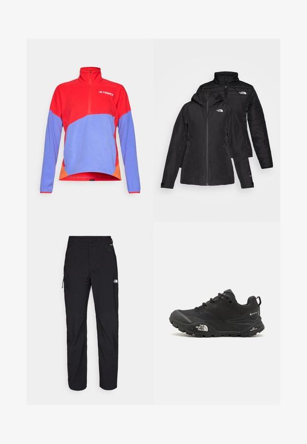 Must musta kahe-osaline jakk, millel on veekindel välimine kihte kapuutsiga ja sooja voodriga sisemine kihte. Mõlemal kihil on lukuga kinnitused ja logod.; Punane ja sinine fliisdžemper veerandi tõmblukuga ning kõrge kraega. Omab kontrastseid oranže aktsente külgedel ja logo rinnal.; Mustalased välispüksid regulaarse lõikega, valmistatud kergest materjalist. Omadusteks on tõmblukud, taskud ja tugevdatud põlved vastupidavuse tagamiseks.; Mustad matkajalanõud musta värvi, tekstuurse ülemise osa, paeltega kinnituse ja volüümika kummitald, millel on silmapaistev logo külgedel ja mustrimuster.