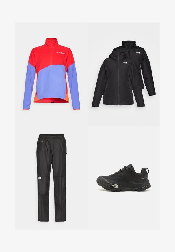 Zwarte twee-in-een jas met een waterdichte buitenlaag met capuchon en een gewatteerde binnenlaag. Beide lagen hebben ritssluitingen en logo's.; Rode en blauwe fleece trui met een kwart rits en hoge kraag. Voorzien van contrasterende oranje accenten aan de zijkanten en een logo op de borst.; Zwarte waterdichte broek van lichtgewicht stof, uitgerust met een elastische tailleband, zijzakken en een logo op het linkerpijp.; Zwarte wandelschoen met een gestructureerde bovenkant, vetersluiting en een stevige rubberen zool met een opvallend logo aan de zijkant en profielpatronen.