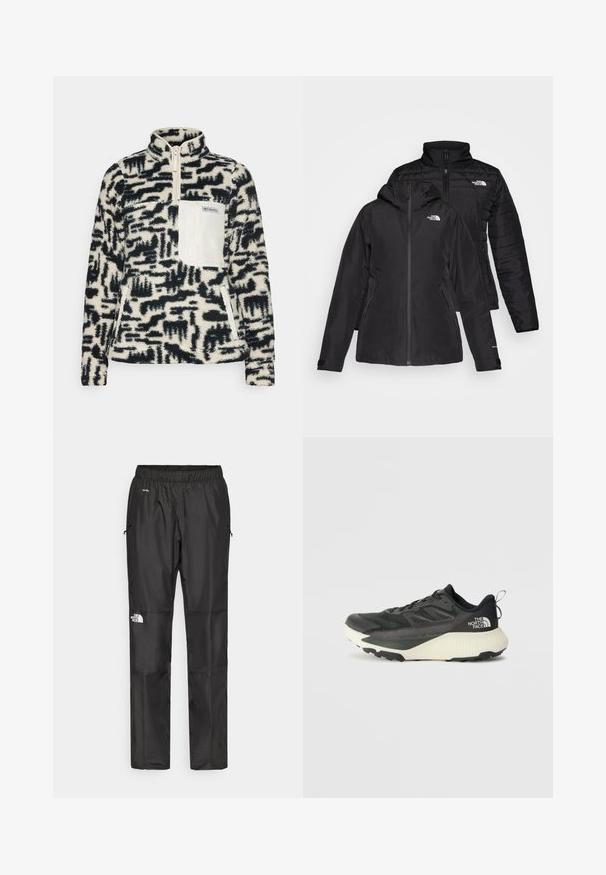 Fekete, két az egyben dzseki, vízálló külső résszel, kapucnival és bélelt belső résszel. Mindkét réteg cipzáros záródással és logókkal rendelkezik.; Fleece pulóver magas gallérral, fekete és krémszínű absztrakt mintázattal, cipzáras mellzsebbel és oldalsó zsebekkel.; Fekete vízálló nadrág könnyű anyagból, rugalmas derékkal, oldalsó zsebekkel és logóval a bal lábon.; Fekete sportcipő, texturált felsőrésszel, szürke kiegészítőkkel és fehér középtalppal. Húzófüllel és kiemelkedő márkalandírral a sarkán.