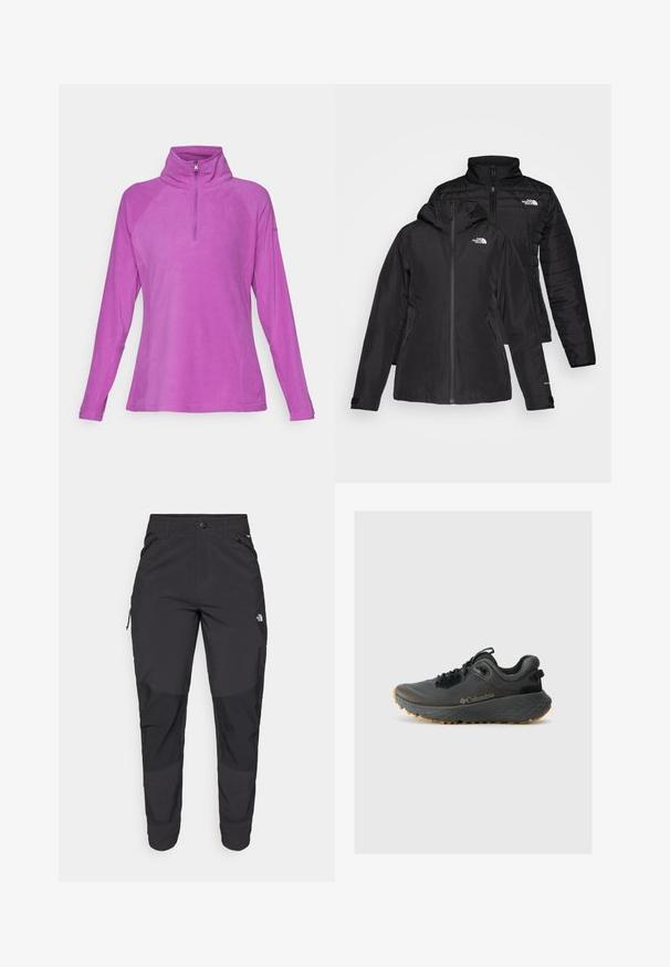 Svart to-i-én-jakke med et vanntett ytterlag og hette, samt et quiltet indre lag. Begge lagene har glidelåslukking og logoer.; Fleece-pullover i lys rosa, med halv-zip krage, lange raglan-ermer, og glatt tekstur uten synlige mønstre eller detaljer.; Svart utendørsbukser laget av slitesterkt stoff. Har glidelåslommer, forsterkede knær og en rett skjæring for bevegelighet.; Columbia TERRASTRIDE CRZ - Fjellsko - shark/black