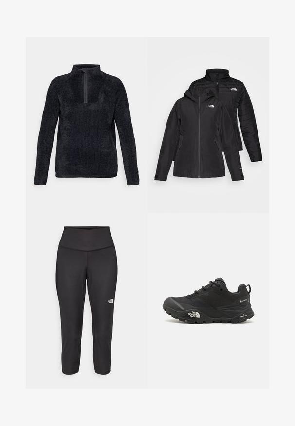 Black two-in-one jacket featuring a waterproof outer layer with a hood and a quilted inner layer. Both layers have zip closures and logos.; Fleece pullover in dark gray with a half-zip collar, long sleeves, textured surface, and a relaxed fit. Simple and functional design.; Black capri leggings made from stretchy fabric, featuring a high waistband and a small white logo on the left side. Smooth texture.; Black hiking shoe with a textured upper, lace closure, and a chunky rubber sole featuring a prominent logo on the side and tread patterns.
