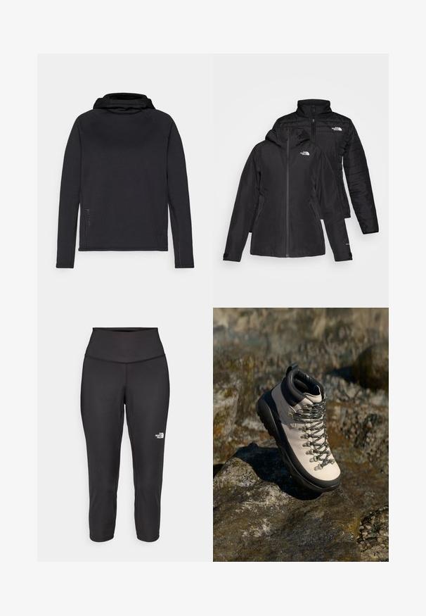 Veste noire deux-en-un avec une couche extérieure imperméable dotée d'une capuche et une couche intérieure matelassée. Les deux couches ont des fermetures à glissière et des logos.; Haut à capuche à manches longues noir en tissu lisse, avec des manches raglan et des surpiqûres contrastantes le long des coutures pour une touche de détail supplémentaire.; Leggings capri noirs en tissu extensible, dotés d'une taille haute et d'un petit logo blanc sur le côté gauche. Texture lisse.; Bottillon de randonnée beige clair avec une semelle en caoutchouc noir, dessus flexible, œillets en métal et lacets gris, posé sur une surface rocheuse.