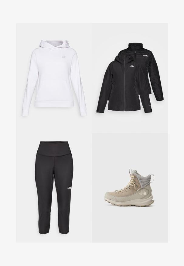 Crna dvoslojna jakna s vodootpornim vanjskim slojem s kapuljačom i podstavljenim unutarnjim slojem. Oba sloja imaju zatvarače i logotipe.; Bijeli dukserica s kapuljačkom izrađena od mekog materijala, s kengur džepom, rebrastim manžetama i donjim rubom, te malim sivim logom na prsima.; Crne capri tajice izrađene od rastezljivog materijala, s visokim strukom i malim bijelim logotipom s lijeve strane. Glatka tekstura.; Bež i sivi visoki planinarski čizme s podstavljenim izrezom za gležnjeve, čvrstim potplatom i logotipom The North Face sa strane.