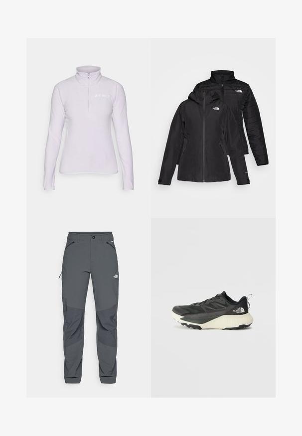 Črna jakna dva-v-enem, ki ima vodoodporen zunanji sloj s kapuco in prešito notranjo plast. Obe plasti imata zadrge in logotipe.; Svetlo vijolični polarni pulover z ovratnikom na zadrgo. Ima dolge rokave in belo logo na levem prsnem delu. Mehak tekstura.; Temno sivi zunanji hlače z ojačanimi koleni, zadrgo na stranskih in sprednjih žepih, gumbom za zapiranje ter logotipom The North Face na stegnu.; Črne atletske čevlje z teksturiranim zgornjim delom, ki imajo sivo obrobo in belo srednjo podplat. Vključujejo zanko za vprego in izstopajočo blagovno znamko na peti.