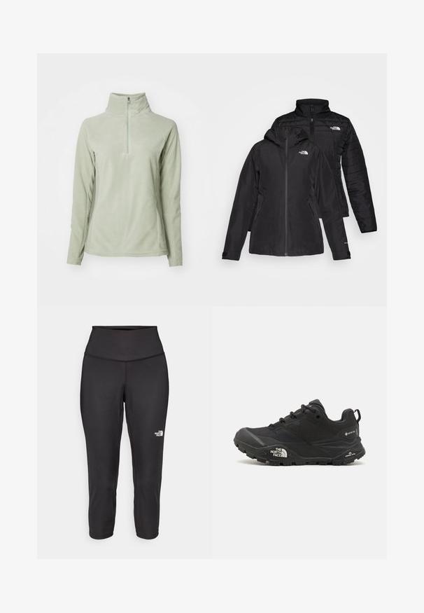Giacca nera due in uno con uno strato esterno impermeabile dotato di cappuccio e uno strato interno trapuntato. Entrambi gli strati presentano chiusure con zip e loghi.; Pullover in pile verde chiaro con colletto alto e zip corta. Presenta maniche lunghe e una texture liscia e morbida.; Leggings capri neri realizzati in tessuto elastico, dotati di un alto punto vita e un piccolo logo bianco sul lato sinistro. Texture liscia.; Scarpa da trekking nera con una tomaia texturizzata, chiusura con lacci e una suola di gomma spessa che presenta un logo prominente sul lato e disegni del battistrada.