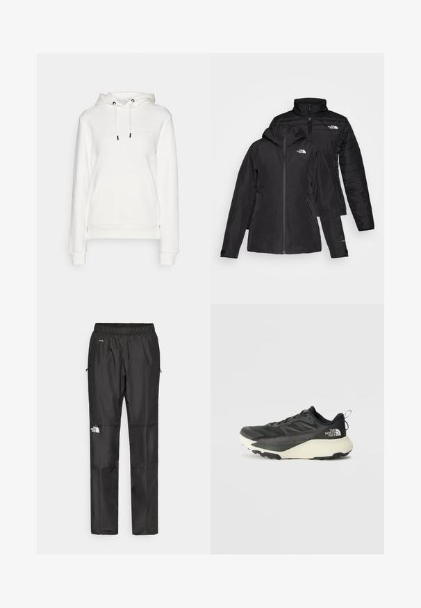 Fekete, két az egyben dzseki, vízálló külső résszel, kapucnival és bélelt belső résszel. Mindkét réteg cipzáros záródással és logókkal rendelkezik.; Peak Performance ORIGINAL SMALL LOGO - Kapucnis pulóver - offwhite; Fekete vízálló nadrág könnyű anyagból, rugalmas derékkal, oldalsó zsebekkel és logóval a bal lábon.; Fekete sportcipő, texturált felsőrésszel, szürke kiegészítőkkel és fehér középtalppal. Húzófüllel és kiemelkedő márkalandírral a sarkán.
