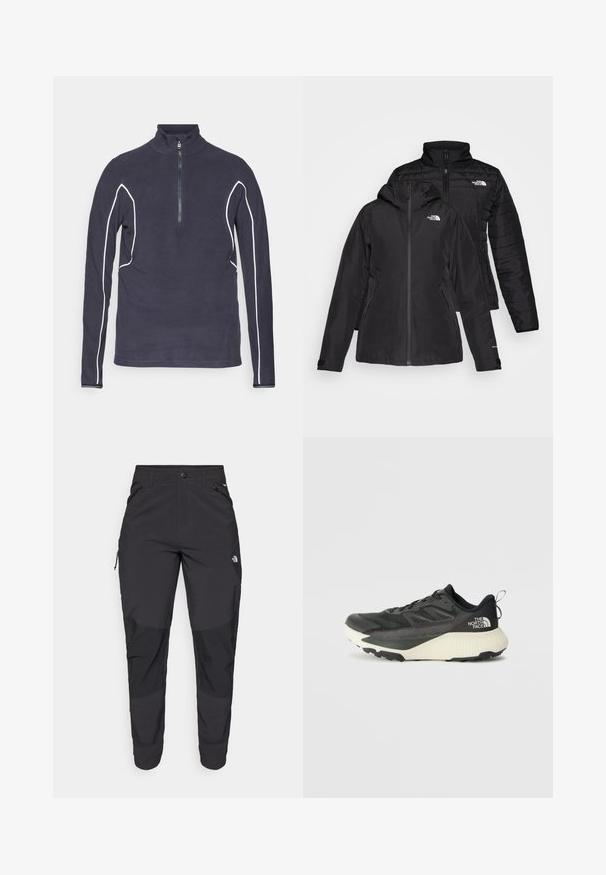 Casaco preto dois em um com uma camada externa à prova d'água e capuz, e uma camada interna acolchoada. Ambas as camadas têm fechos de zíp e logótipos.; Pullover de fleece azul-marinho com fecho de correr, apresentando colarinho alto e detalhes em branco ao longo das costuras. Textura suave.; Calças pretas para exterior feitas de um tecido resistente. Apresentam bolsos com fecho, painéis de joelhos reforçados e um design de corte reto para maior mobilidade.; Shoe atlético preto com um cabedal texturizado, apresentando detalhes em cinza e uma entressola branca. Inclui uma alça e um logótipo da marca em destaque no calcanhar.