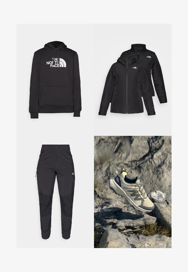 Czarna kurtka 2 w 1 z wodoodporną zewnętrzną warstwą z kapturem oraz pikowaną wewnętrzną warstwą. Obie warstwy mają zapięcia na zamek i logo.; Czarna bluza z kapturem wykonana z dzianiny bawełnianej, z kieszenią typu kangur, regulowanym kapturem ze sznurkiem i przednim nadrukiem z białym tekstem oraz logo.; Czarne spodnie outdoorowe wykonane z trwałego materiału. Posiadają kieszenie zapinane na zamek, wzmocnione panele na kolanach oraz prosty krój zapewniający swobodę ruchów.; Buty do biegania w terenie Columbia w jasnym beżu i szarości. Siatkowa cholewka z teksturowanymi detalami, gumowa podeszwa i odblaskowe akcenty. Lekka konstrukcja.