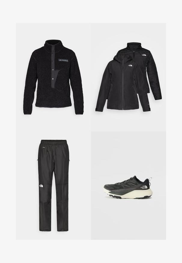 Giacca nera due in uno con uno strato esterno impermeabile dotato di cappuccio e uno strato interno trapuntato. Entrambi gli strati presentano chiusure con zip e loghi.; adidas Terrex XPLORIC HIGH PILE - Felpa in pile - black; Pantaloni impermeabili neri realizzati in tessuto leggero, dotati di cintura elastica, tasche laterali e un logo sulla gamba sinistra.; Scarpa da ginnastica nera con tomaia testurizzata, con accenti grigi e un sottopiede bianco. Include una linguetta sul retro e un logo del marchio ben visibile sul tallone.