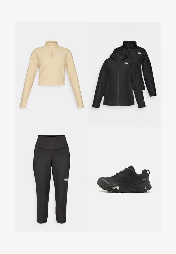 Fekete, két az egyben dzseki, vízálló külső résszel, kapucnival és bélelt belső résszel. Mindkét réteg cipzáros záródással és logókkal rendelkezik.; The North Face GLACIER CROPPED ¼ ZIP - Polárpulóver - khaki stone; Fekete capri leggings, rugalmas anyagból készült, magas derékkal és egy kis fehér logóval a bal oldalon. Sima tapintású.; Fekete túrázó cipő texturált felsőrésszel, fűzős záródással és vastag gumitalppal, mely oldalán egy kiemelkedő logó és mintázott talpkialakítás található.