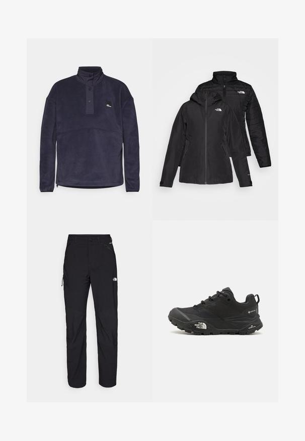 Melnā divu vienā jakā ir ūdensnecaurlaidīgs ārējais slānis ar kapuci un quiltēts iekšējais slānis. Abiem slāņiem ir rāvējslēdzēju aizdare un logotipi.; Jūras spēku zila flīsa jaka ar augstu apkakli, pus pogu aizdari un logo uzplecu. Ievērojama ar maigu tekstūru un taisnu griezumu.; Melnas āra bikses ar regulāru piegriezumu, izgatavotas no viegla materiāla. Iespējas ietver rāvējslēdzējus, kabatas un pastiprinātas ceļgalu daļas izturības nodrošināšanai.; Melnas pārgājienu kurpes ar teksturētu augšdaļu, sašņorējumu un masīvu gumijas zoli, kurai ir izteikts logotips sānos un protektora raksti.