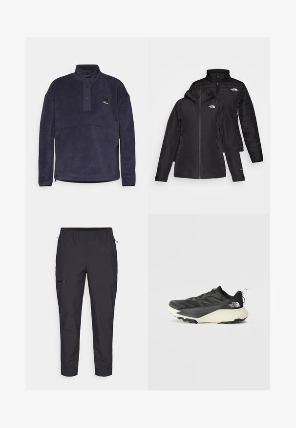 Schwarze Zwei-in-Eins-Jacke mit einer wasserdichten Außenlage und einer Kapuze sowie einer wattierten Innenlage. Beide Lagen verfügen über einen Reißverschluss und Logos.; Marineblaue Fleece-Pullover mit hohem Kragen, halber Knopfleiste und Logo-Patch. Verfügt über eine weiche Textur und ein gerades Design.; Jack Wolfskin PRELIGHT TRAIL - Outdoor-Hose - black; Schwarzer Sportschuh mit strukturiertem Obermaterial, ausgestattet mit grauen Akzenten und einer weißen Zwischensohle. Enthält eine Zuglasche und ein markantes Markenlogo an der Ferse.