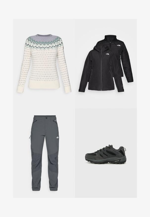 Černá dvoudílná bunda s voděodolnou vnější vrstvou a kapucí a prošívanou vnitřní vrstvou. Obě vrstvy mají zipové uzávěry a loga.; Pletený svetr v krémové barvě se zigzag vzorem ve světle fialové a zelené barvě na výstřihu. Obsahuje malé modré srdíčka a žebrované manžety.; Tmavě šedé venkovní kalhoty s vyztuženými kolenními částmi, zipovými kapsami po stranách a vpředu, s knoflíkovým zapínáním a logem The North Face na stehně.; Columbia REDMOND - Trekingové boty - black/citron haze