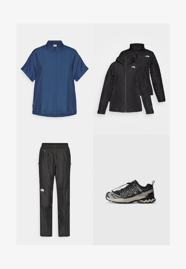 Fekete, két az egyben dzseki, vízálló külső résszel, kapucnival és bélelt belső résszel. Mindkét réteg cipzáros záródással és logókkal rendelkezik.; Sötétkék, rövid ujjú ing sima anyagból. Klasszikus gallérral, elöl gombos záródással és kényelmes, egyenes aljjal rendelkezik.; Fekete vízálló nadrág könnyű anyagból, rugalmas derékkal, oldalsó zsebekkel és logóval a bal lábon.; Fekete és szürke sportcipő hálós felsővel, gumitalppal és elasztikus fűzőrendszerrel. Erősített orra és textúrázott részletei vannak.