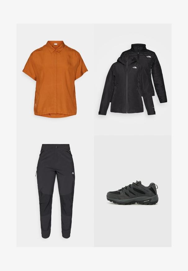 Czarna kurtka 2 w 1 z wodoodporną zewnętrzną warstwą z kapturem oraz pikowaną wewnętrzną warstwą. Obie warstwy mają zapięcia na zamek i logo.; Pomarańczowa koszula z krótkim rękawem wykonana z lekkiego materiału, z guzikiem z przodu, kołnierzykiem oraz lekko zaokrąglonym dołem.; Czarne spodnie outdoorowe wykonane z trwałego materiału. Posiadają kieszenie zapinane na zamek, wzmocnione panele na kolanach oraz prosty krój zapewniający swobodę ruchów.; Columbia REDMOND czarny