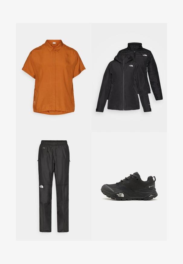 Fekete, két az egyben dzseki, vízálló külső résszel, kapucnival és bélelt belső résszel. Mindkét réteg cipzáros záródással és logókkal rendelkezik.; Rövid ujjú, könnyű anyagból készült narancssárga ing, gombos elülső résszel, gallérral és enyhén lekerekített szegéllyel.; Fekete vízálló nadrág könnyű anyagból, rugalmas derékkal, oldalsó zsebekkel és logóval a bal lábon.; Fekete túrázó cipő texturált felsőrésszel, fűzős záródással és vastag gumitalppal, mely oldalán egy kiemelkedő logó és mintázott talpkialakítás található.