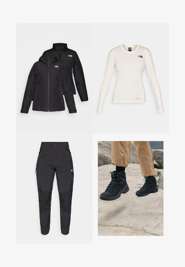 Giacca nera due in uno con uno strato esterno impermeabile dotato di cappuccio e uno strato interno trapuntato. Entrambi gli strati presentano chiusure con zip e loghi.; The North Face SHADOW LONG SLEEVE - Maglietta a manica lunga - white dune; Pantaloni neri da esterno realizzati in tessuto durevole. Presentano tasche con zip, pannelli rinforzati sulle ginocchia e un design a taglio dritto per la massima mobilità.; Scarpe da trekking nere con materiale texturizzato, design robusto, dettagli in blu e suole durevoli, posizionate su terreno roccioso.