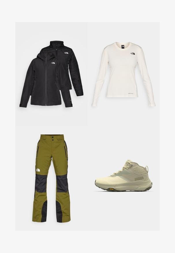 Svart to-i-én-jakke med et vanntett ytterlag og hette, samt et quiltet indre lag. Begge lagene har glidelåslukking og logoer.; The North Face SHADOW LONG SLEEVE - Topper langermet - white dune; Olivenfargede utendørsbukser med svarte detaljer, laget av slitesterkt materiale. Har to glidelåslommer og en dobbelt knappelukking i midjen.; Hoka tursko for hiking i lys beige, med en teksturert overdel, snøring og Vibram yttersåle. Distinktivt sidemerk og støttende design.