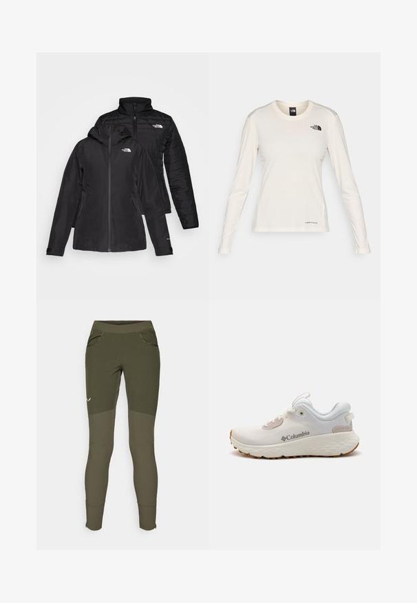 Must musta kahe-osaline jakk, millel on veekindel välimine kihte kapuutsiga ja sooja voodriga sisemine kihte. Mõlemal kihil on lukuga kinnitused ja logod.; The North Face SHADOW LONG SLEEVE - Pikkade varrukatega topp - white dune; Oliivrohelised sportlikud püksid, millel on tekstureeritud disain, kaks külg taskut, tihe istuvus ja lukuga sääreotsad jalalaiuste reguleerimiseks.; Kerged Columbia spordijalanõud valgest võrgust, millel on tekstureeritud hall tall ja kummist haardepind. Omaduseks on polsterdatud krae ja nööridega kinnitussüsteem.