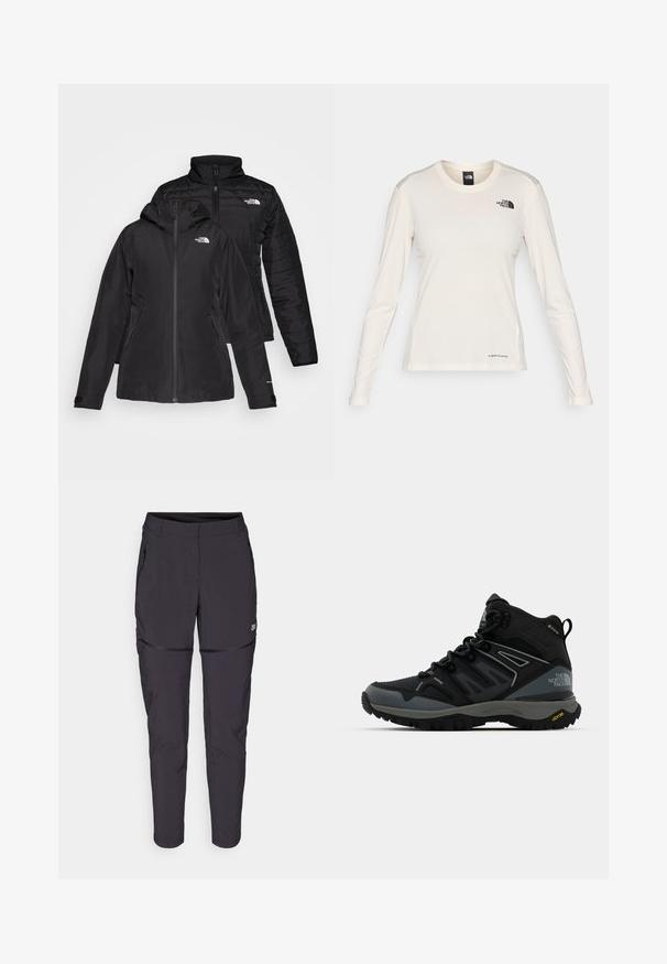 Juodas dvi viename džemperis, turintis nepralaidų išorinį sluoksnį su gobtuvu ir siuvinėtą vidinį sluoksnį. Abu sluoksniai turi užtrauktukų uždarymus ir logotipus.; The North Face SHADOW LONG SLEEVE - Ilgarankovis viršutinės dalies drabužis - white dune; Juodi, lengvi kelnės pagamintos iš tamprių medžiagų; turi užtrauktuku užsegamas kišenes, pritaikytą siluetą ir užtrauktuką ties keliu, skirtą ventiliacijai arba konversijai.; Vidutinio aukščio žygių batai juodos ir pilkos spalvos. Ypatumai: tekstūruota viršutinė dalis, sustiprinta nosis ir Vibram padas, užtikrinantis sukibimą. Lengvas dizainas.