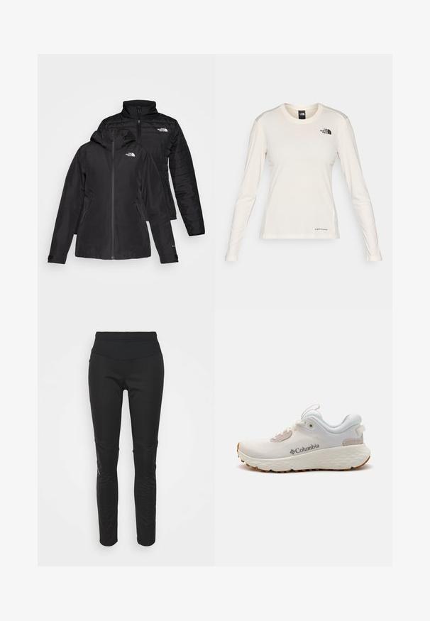 Jachetă neagră 2 în 1, cu un strat exterior impermeabil, dotat cu glugă și un strat interior căptușit. Ambele straturi au închidere cu fermoar și logo-uri.; The North Face SHADOW LONG SLEEVE - Bluză cu mânecă lungă - white dune; Leggings negre de sport cu talie înaltă, textură netedă, detaliu cu logo și accente pe panourile laterale pentru un interes vizual suplimentar.; Pantofii sport Columbia, ușori, din plasă albă, cu o talpă texturată gri și tracțiune din cauciuc. Prezintă o margine căptușită și un design cu șireturi.