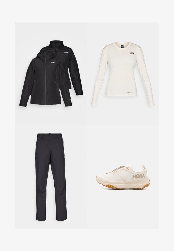 Fekete, két az egyben dzseki, vízálló külső résszel, kapucnival és bélelt belső résszel. Mindkét réteg cipzáros záródással és logókkal rendelkezik.; The North Face SHADOW LONG SLEEVE - Hosszú ujjú felső - white dune; Fekete kültéri nadrág, egyenes lábú szabásban, tartós anyagból készült, oldalsó cipzáras zsebekkel és gombos derékmegoldással.; HOKA TRANSPORT - Túracipők - eggnog