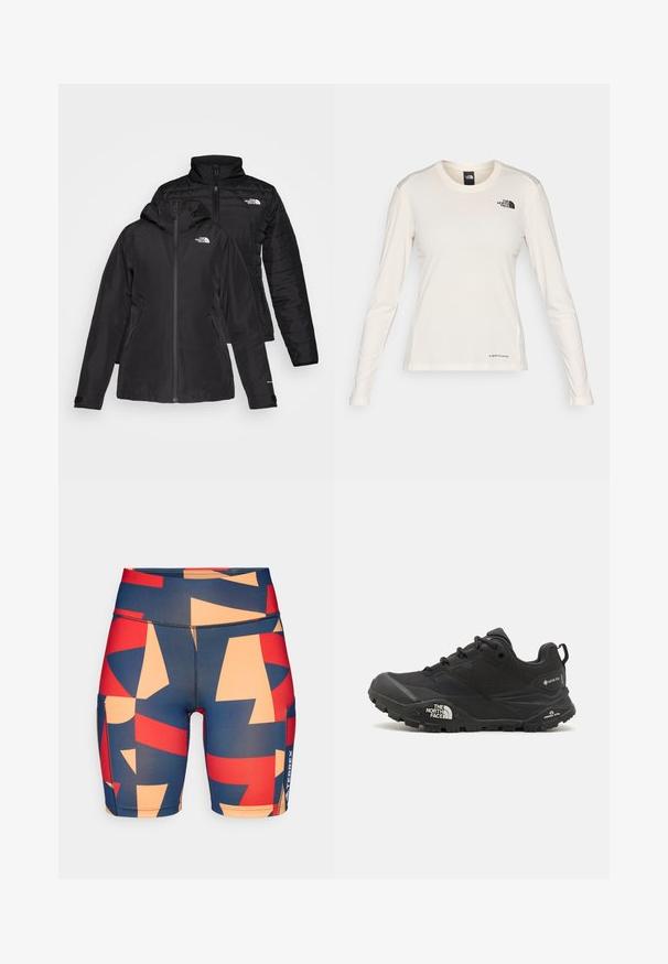 Zwarte twee-in-een jas met een waterdichte buitenlaag met capuchon en een gewatteerde binnenlaag. Beide lagen hebben ritssluitingen en logo's.; The North Face SHADOW LONG SLEEVE - Longsleeve - white dune; Kleurige, gestreepte shorts met abstracte vormen in marineblauw, rood en perziktonen. Gemaakt van rekbare stof met een gladde textuur.; Zwarte wandelschoen met een gestructureerde bovenkant, vetersluiting en een stevige rubberen zool met een opvallend logo aan de zijkant en profielpatronen.