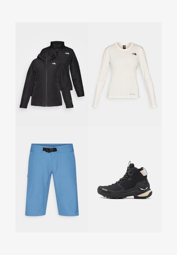 Svart to-i-én-jakke med et vanntett ytterlag og hette, samt et quiltet indre lag. Begge lagene har glidelåslukking og logoer.; The North Face SHADOW LONG SLEEVE - Topper langermet - white dune; Lett blå vandreshortser med flat midje, justerbart belte og sidelommer. Laget av et glatt, pustende materiale, kne-lengde design.; Salewa PUEZ MID PTX - Fjellsko - black