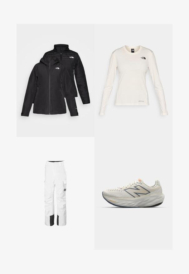 Schwarze Zwei-in-Eins-Jacke mit einer wasserdichten Außenlage und einer Kapuze sowie einer wattierten Innenlage. Beide Lagen verfügen über einen Reißverschluss und Logos.; The North Face SHADOW LONG SLEEVE - Langarmshirt - white dune; Weiße Skihosen mit schwarzen Akzenten, aus wasserdichtem Material. Verfügt über Cargo-Taschen und ein gerades Bein-Design. Logo auf dem linken Oberschenkel.; Leichtgewichtiger Laufschuh aus off-white Meshmaterial mit strukturiertem Design. Verfügt über ein auffälliges "N"-Logo und eine gepolsterte Gummisohle mit Belüftungsdetails.