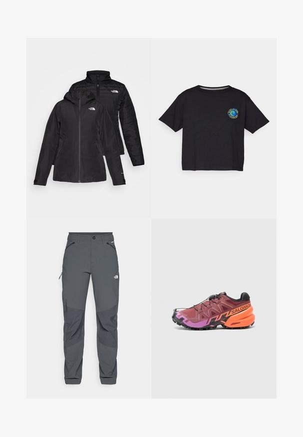 Črna jakna dva-v-enem, ki ima vodoodporen zunanji sloj s kapuco in prešito notranjo plast. Obe plasti imata zadrge in logotipe.; Črna bombažna majica s kratkimi rokavi z okroglim večbarvnim logotipom na prsih. Ravno dno in sproščen kroj.; Temno sivi zunanji hlače z ojačanimi koleni, zadrgo na stranskih in sprednjih žepih, gumbom za zapiranje ter logotipom The North Face na stegnu.; Pohodniški čevlji za tek z maroon, vijolično in črno zasnovo, teksturirano zgornjišče in izrazitimi oranžnimi poudarki na peti.