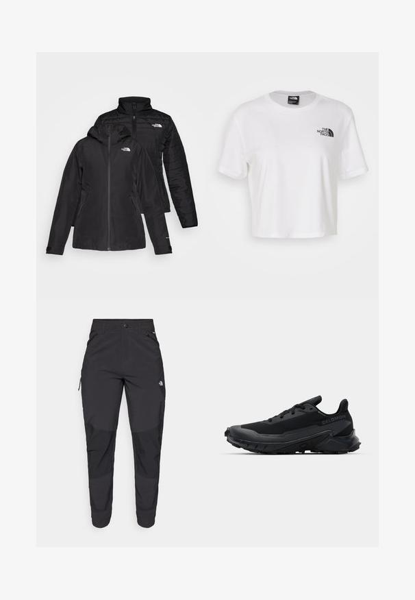 Svart to-i-én-jakke med et vanntett ytterlag og hette, samt et quiltet indre lag. Begge lagene har glidelåslukking og logoer.; Hvit avkortet t-skjorte laget av bomull med rund hals og korte ermer. Har en svart logo på venstre bryst.; Svart utendørsbukser laget av slitesterkt stoff. Har glidelåslommer, forsterkede knær og en rett skjæring for bevegelighet.; Svart løpesko med teksturert gummisåle, pustende overmateriale og flate lisser. Har en støttende hæl og en slank design.