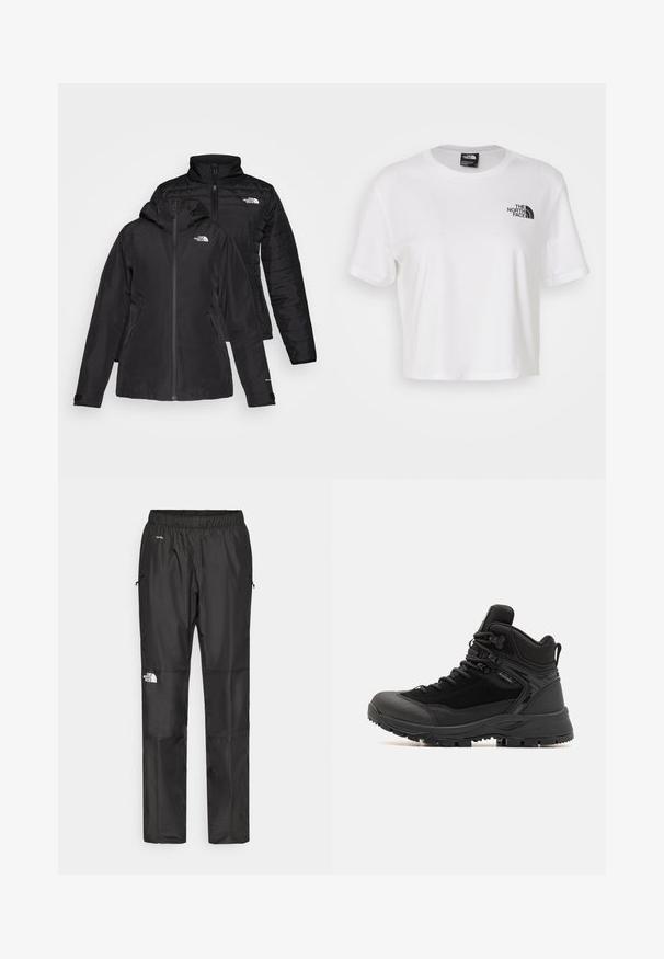 Svart to-i-én-jakke med et vanntett ytterlag og hette, samt et quiltet indre lag. Begge lagene har glidelåslukking og logoer.; Hvit avkortet t-skjorte laget av bomull med rund hals og korte ermer. Har en svart logo på venstre bryst.; Sorte vanntette bukser laget av lettvektig stoff, med elastisk midjebånd, sidelommer og en logo på venstre ben.; Svart tursko med en blanding av syntetiske materialer og semsket skinn, høy toppdesign, forsterket tå, teksturert såle og snøring.